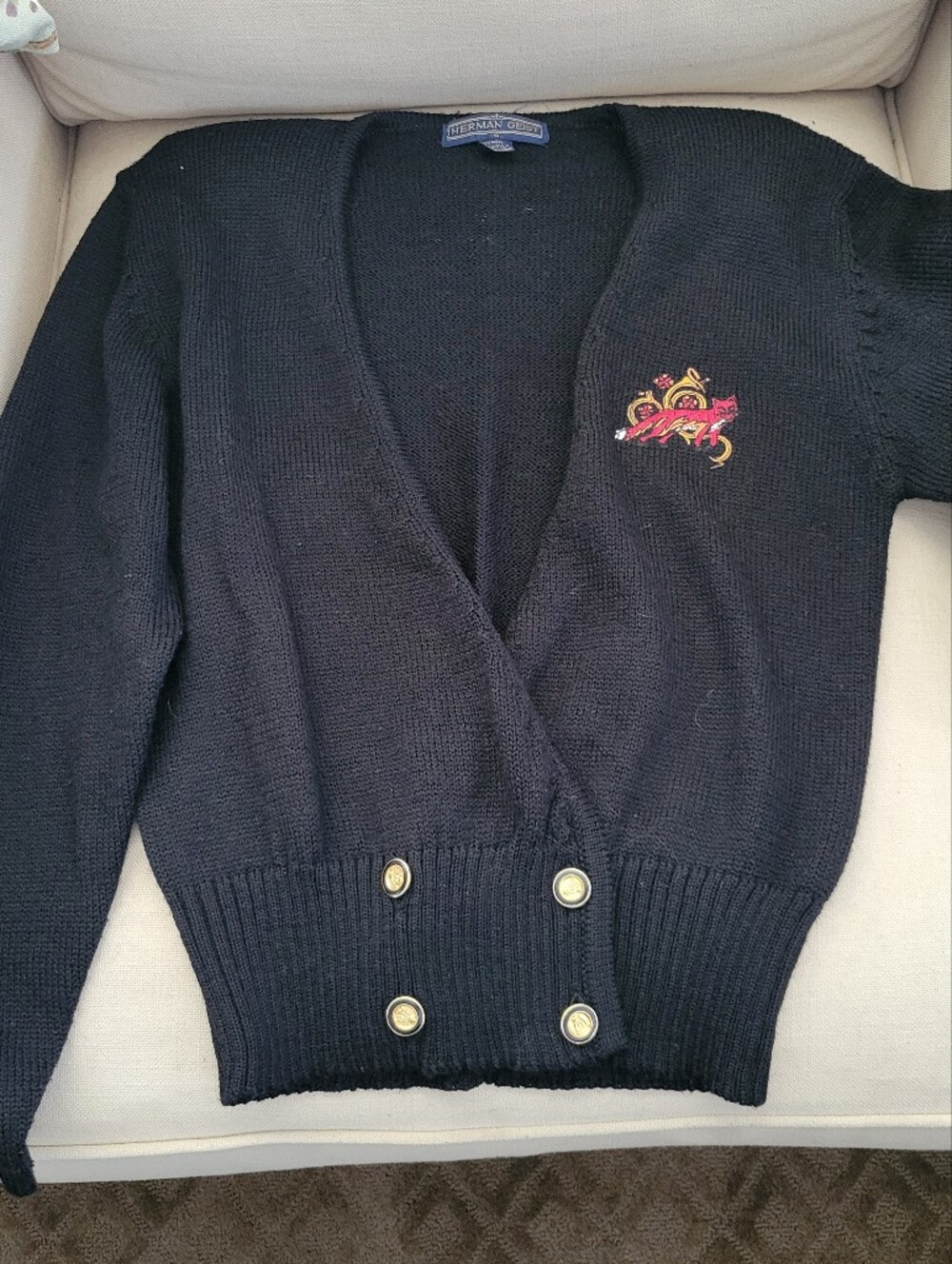 Vintage 80s Herman Geist Black Embroidered V-Neck Button Sweater Shoulder Pads